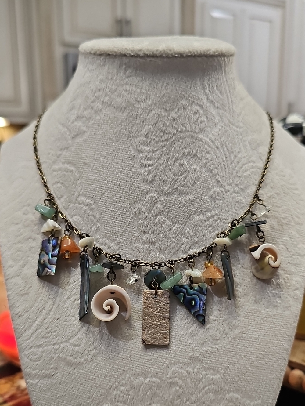 Boho Shell & Abalone Charm Necklace in Green and Brown